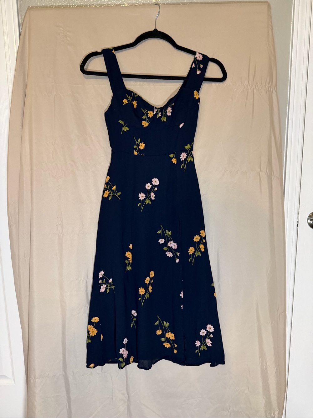 Reformation Navy Fulton Floral Midi Dress with Yellow & Light Pink Blossoms